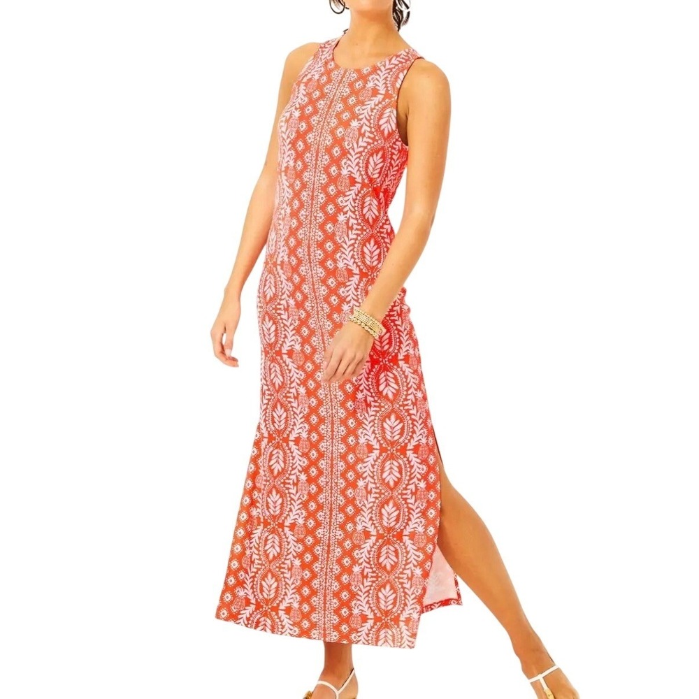 Lilly Pulitzer Ulla Maxi Dress Orange Flamingo Feather Harbour View Print M NEW - Picture 3 of 10